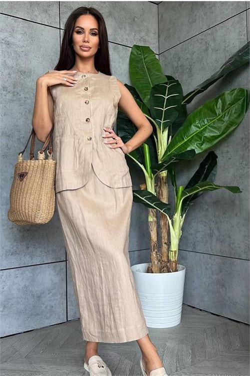 XXL Butik kadın bej astarsız yazlık keten takım X-NBEMP1072 