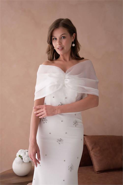 XXL Butik kadın beyaz astarlı tül detaylı abiye elbise X-NBS9372 