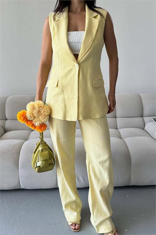 Kadın Sarı Keten Kumaş Yelek Pantolon Takım ESR086 