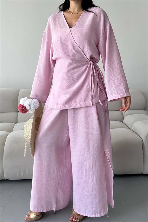 Kadın Pudra Keten Kumaş Yan Bağlamalı Takım ESR087 