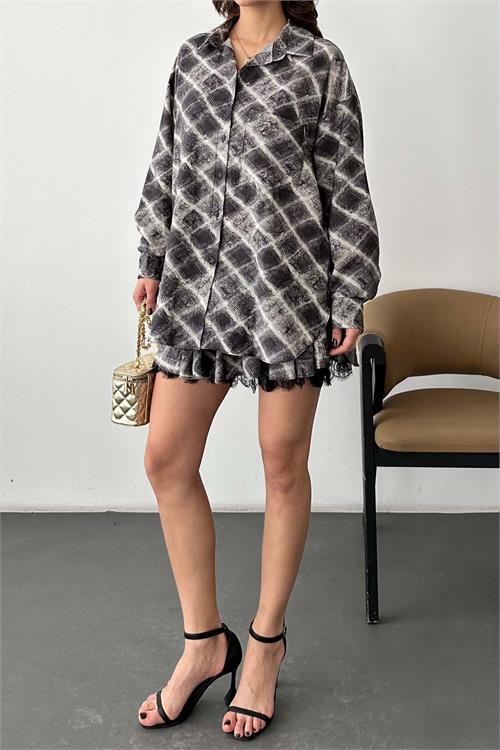 Kadın Ekose Gömlek Yaka Etek Takım – Kemer Dahil ESR049 