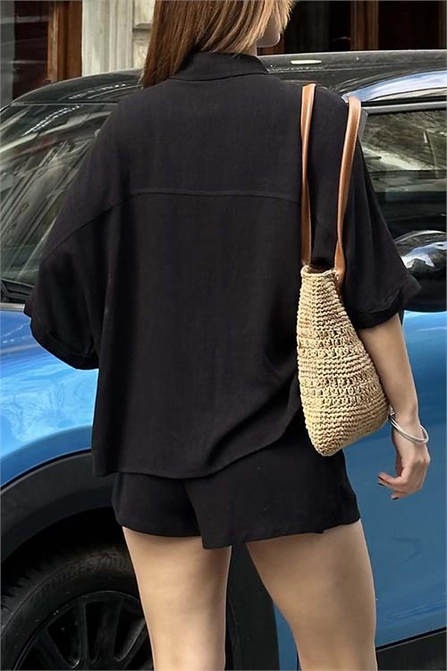 Kadın Siyah Keten Salaş Gömlek Şort Takım ESR037 