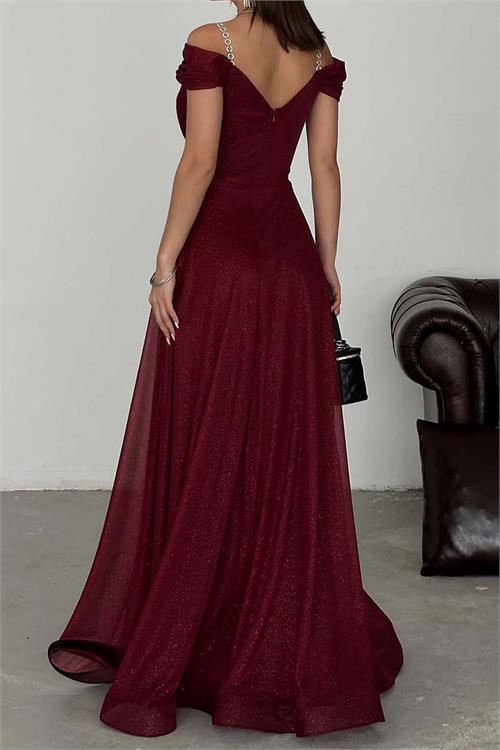 Kadın Beden Bordo Işıltılı Omuz Detaylı Büyük Beden Abiye Elbise ESR068 