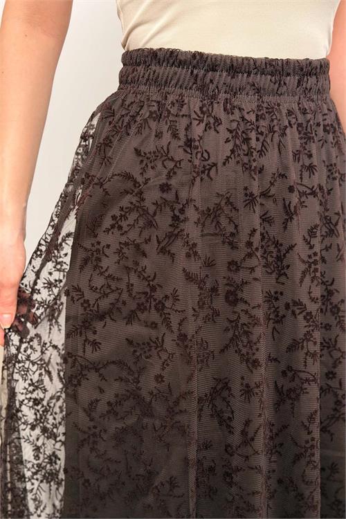 Kadın Kahverengi Astarlı Tül Detaylı Beli Lastikli Etek ESR081 