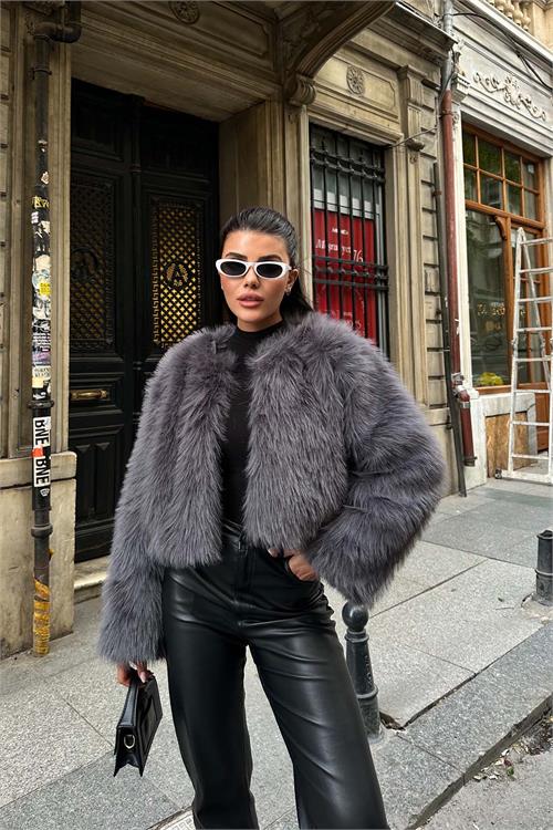 Kadın Antrasit Yumuşak Dokulu Kısa Kürk Mont ESR008 