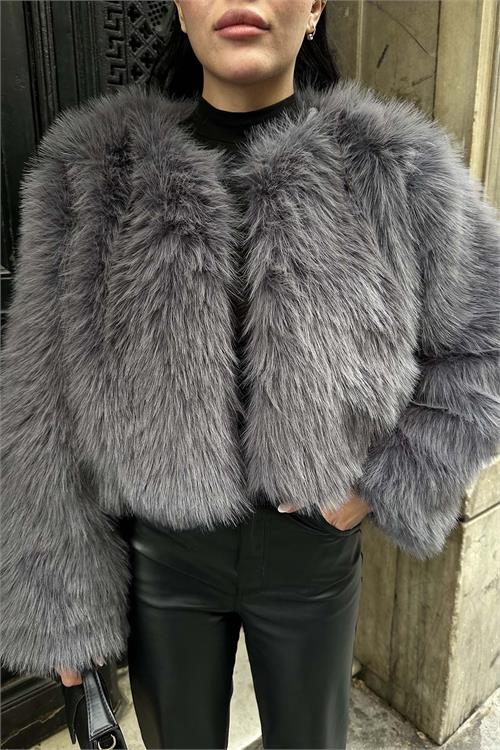 Kadın Antrasit Yumuşak Dokulu Kısa Kürk Mont ESR008 