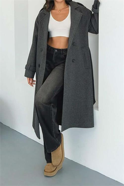 Kadın Antrasit Kuşaklı Rahat Kalıp Astarlı Kaban | Şık Model ESR002 