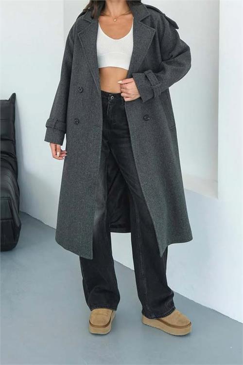 Kadın Antrasit Kuşaklı Rahat Kalıp Astarlı Kaban | Şık Model ESR002 