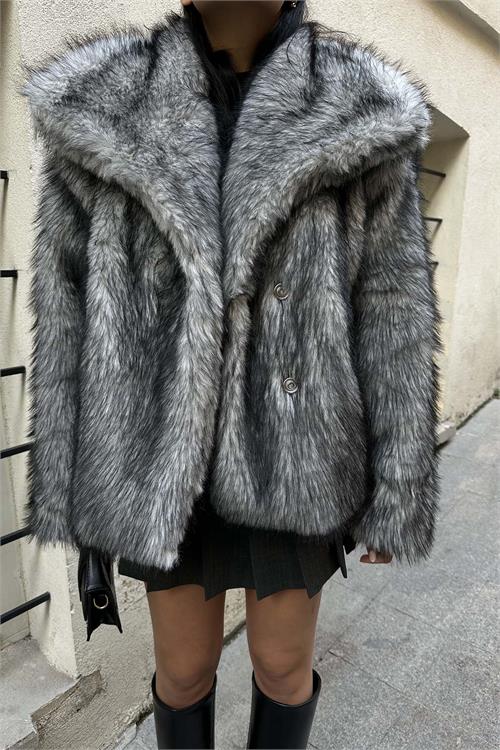 Kadın Antrasit Oversize Kürk Kaban Çıtçıtlı Cepli Astarlı ESR014 