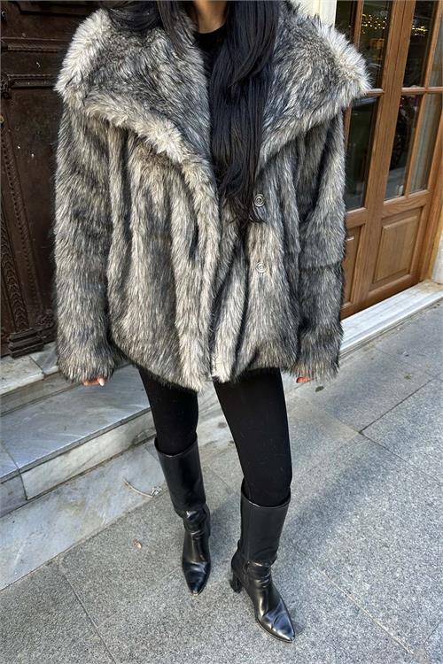 Kadın Gri Oversize Kürk Kaban Çıtçıtlı Cepli Astarlı ESR014 