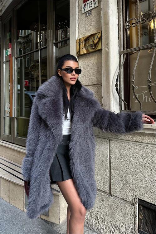 Kadın Antrasit Kürk Kruvaze Yaka Düğmeli Oversize Mont ESR001 