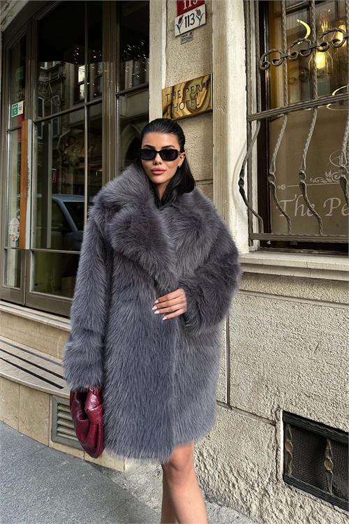 Kadın Antrasit Kürk Kruvaze Yaka Düğmeli Oversize Mont ESR001 