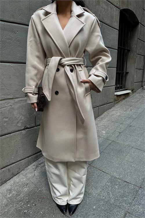 Kadın Bej Kuşaklı Rahat Kalıp Astarlı Kaban | Şık Model ESR002 