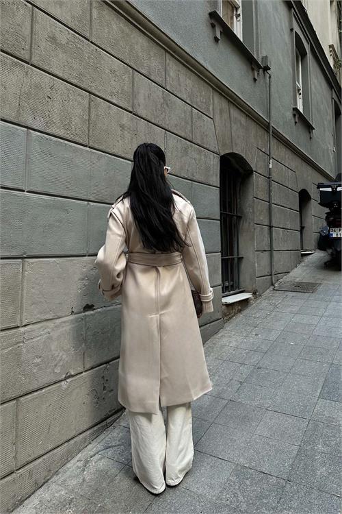 Kadın Bej Kuşaklı Rahat Kalıp Astarlı Kaban | Şık Model ESR002 