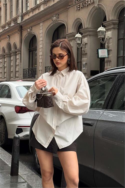 Kadın Bej Oversize Gömlek Uzun Kollu Tasarım Model ESR078