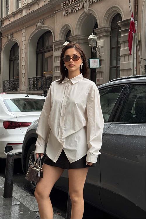 Kadın Bej Oversize Gömlek Uzun Kollu Tasarım Model ESR078