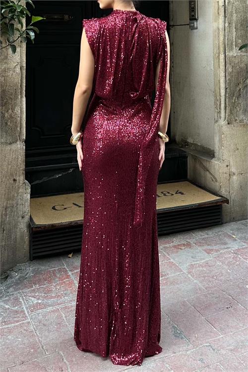 Kadın Bordo Astarlı Likralı Payetli Uzun Abiye Elbise ESR031 