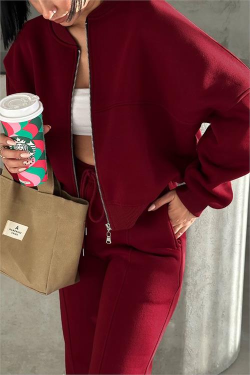 Kadın bordo kışlık cepli eşofman takımı X-NBHS001 