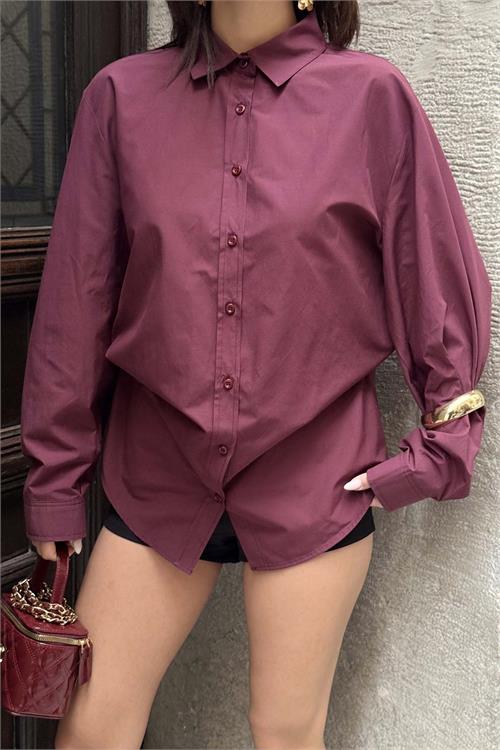 Kadın Bordo Oversize Gömlek Uzun Kollu Tasarım Model ESR078