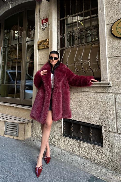 Kadın Bordo Kürk Kruvaze Yaka Düğmeli Oversize Mont ESR001 
