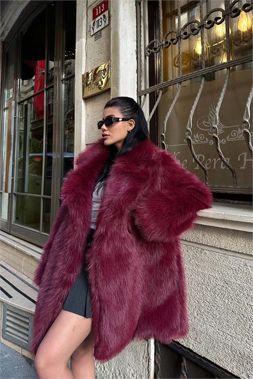 Kadın Bordo Kürk Kruvaze Yaka Düğmeli Oversize Mont ESR001 