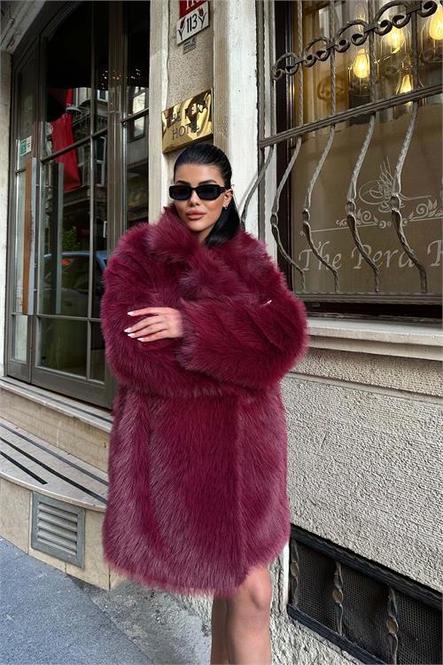 Kadın Bordo Kürk Kruvaze Yaka Düğmeli Oversize Mont ESR001 