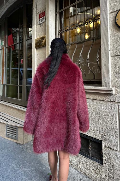 Kadın Bordo Kürk Kruvaze Yaka Düğmeli Oversize Mont ESR001 
