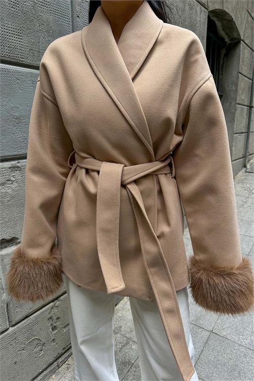 Kadın Camel Kürk Detaylı Rahat Kalıp Astarlı Kaşe Kaban ESR006 