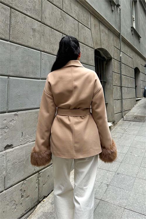 Kadın Camel Kürk Detaylı Rahat Kalıp Astarlı Kaşe Kaban ESR006 