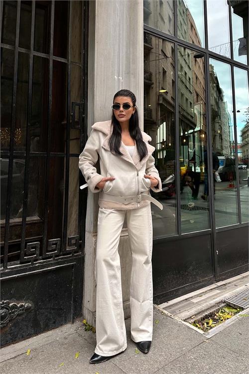 Kadın Ekru İçi Kürk Kemerli Süet Ceket ESR007 