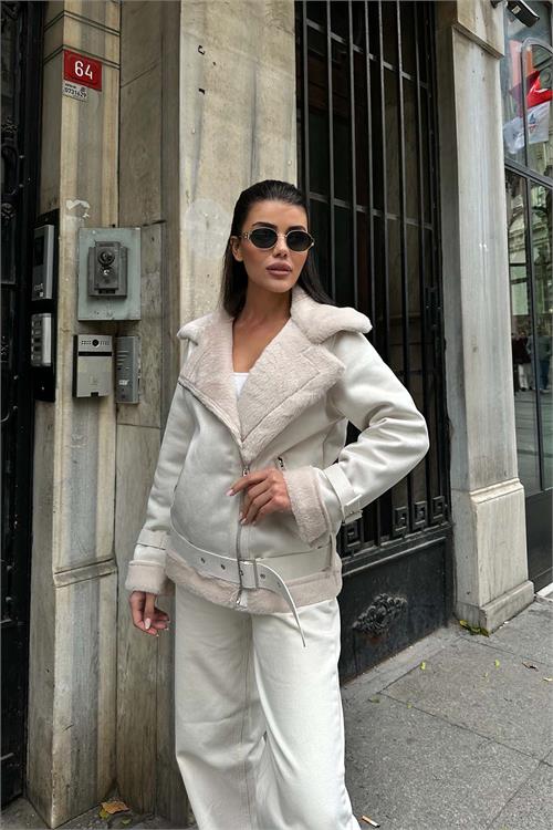 Kadın Ekru İçi Kürk Kemerli Süet Ceket ESR007 