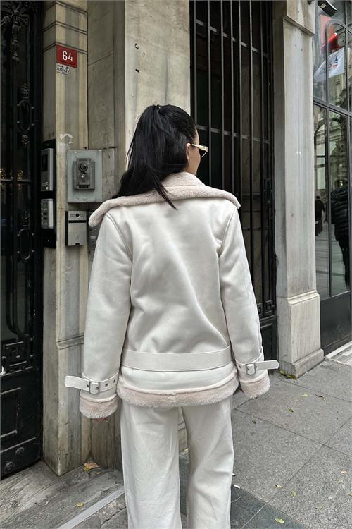 Kadın Ekru İçi Kürk Kemerli Süet Ceket ESR007 