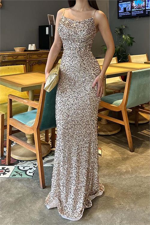 Gold Pul Payetli Uzun Abiye Elbise | Astarlı Şık Gece Elbisesi ESR033 