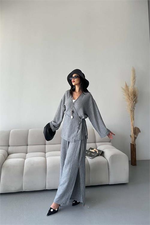 Kadın Antrasit Keten Kumaş Yan Bağlamalı Takım ESR087 