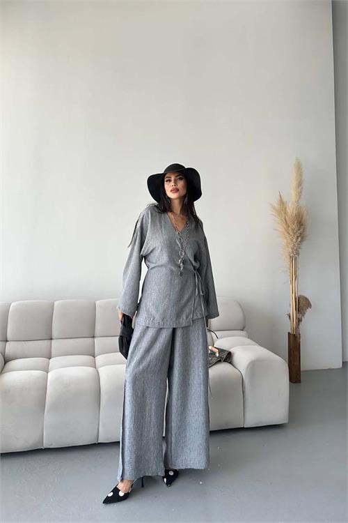 Kadın Antrasit Keten Kumaş Yan Bağlamalı Takım ESR087 