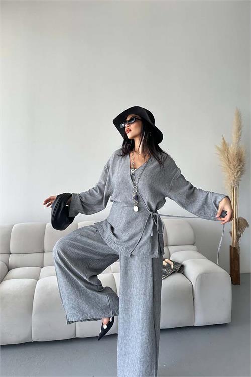 Kadın Antrasit Keten Kumaş Yan Bağlamalı Takım ESR087 