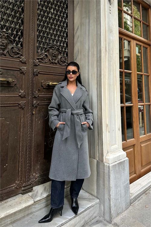 Kadın Gri Kuşaklı Rahat Kalıp Astarlı Kaban | Şık Model ESR002 
