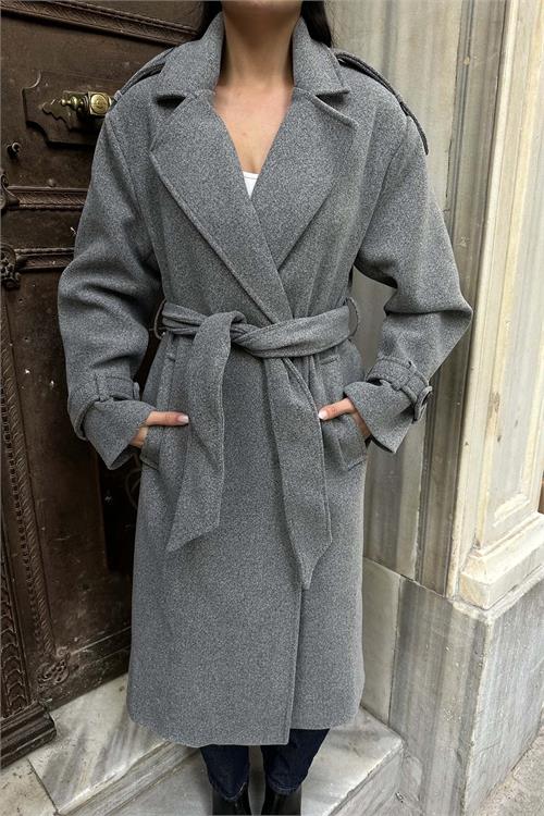 Kadın Gri Kuşaklı Rahat Kalıp Astarlı Kaban | Şık Model ESR002 