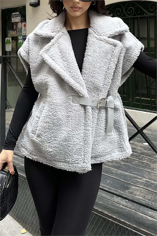 Kadın Gri Peluş Yelek Kemer Detaylı Oversize ESR026 
