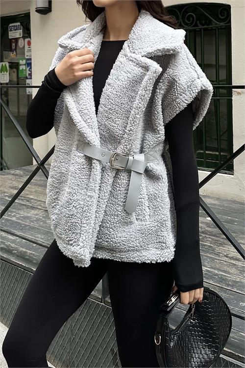 Kadın Gri Peluş Yelek Kemer Detaylı Oversize ESR026 