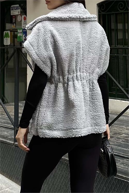 Kadın Gri Peluş Yelek Kemer Detaylı Oversize ESR026 