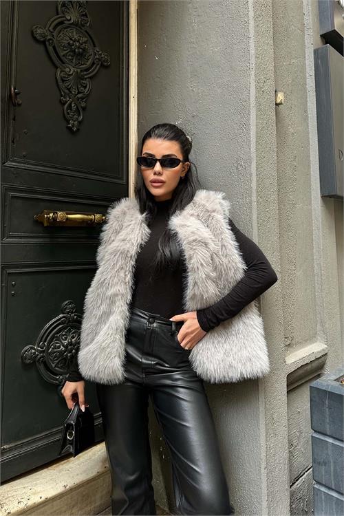 Kadın Gri Oversize Peluş Kürk Yelek Astarlı Kışlık Yelek ESR010 