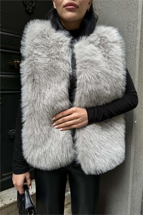 Kadın Gri Oversize Peluş Kürk Yelek Astarlı Kışlık Yelek ESR010 