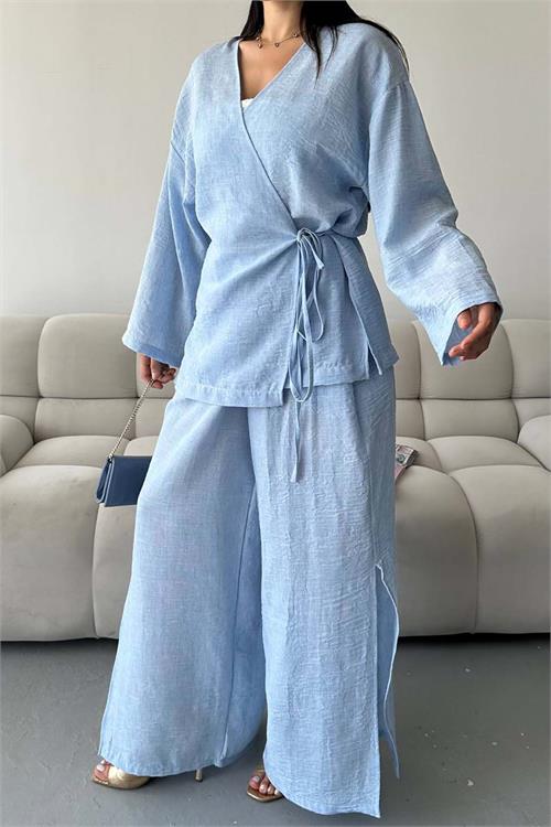 Kadın Mavi Keten Kumaş Yan Bağlamalı Takım ESR087 