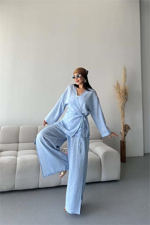 Kadın Mavi Keten Kumaş Yan Bağlamalı Takım ESR087 