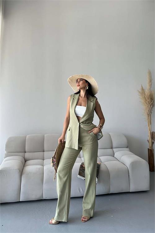 Kadın Haki Keten Kumaş Yelek Pantolon Takım ESR086 