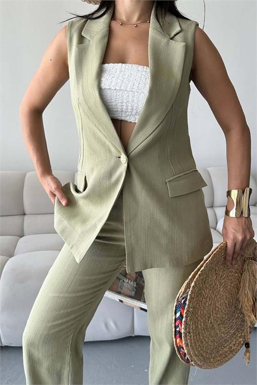 Kadın Haki Keten Kumaş Yelek Pantolon Takım ESR086 
