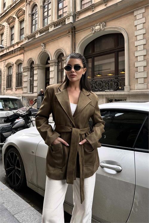 Kadın Haki Süet Kemerli Kadın Ceket ESR011 