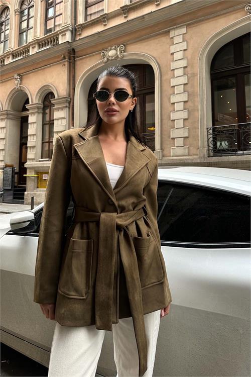 Kadın Haki Süet Kemerli Kadın Ceket ESR011 