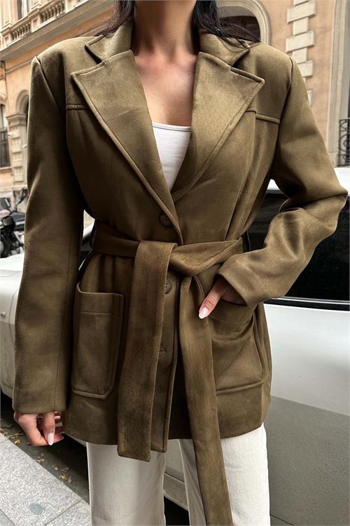 Kadın Haki Süet Kemerli Kadın Ceket ESR011 